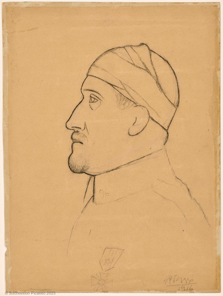 Portrait de Guillaume Apollinaire de profil, la tête bandée
