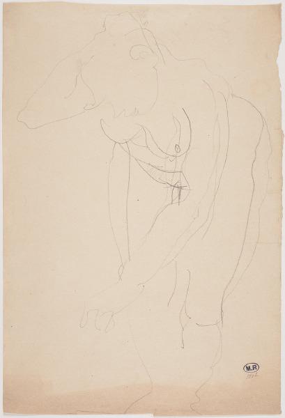 Femme nue penchée en avant, une main à la tête