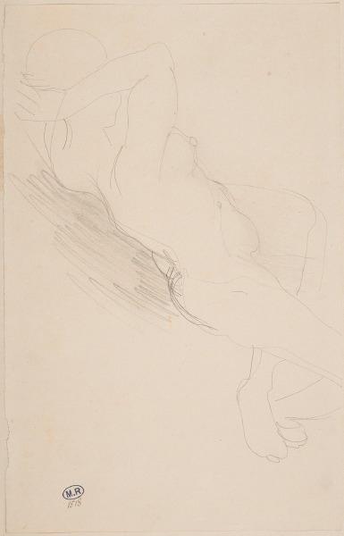 Femme nue allongée vers la droite, les mains sous la nuque