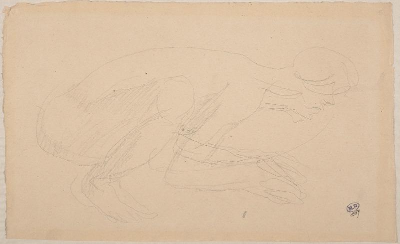 Femme nue accroupie, de profil à droite