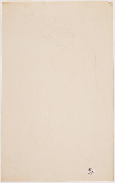 Femme nue accroupie, de face, les deux mains au sol