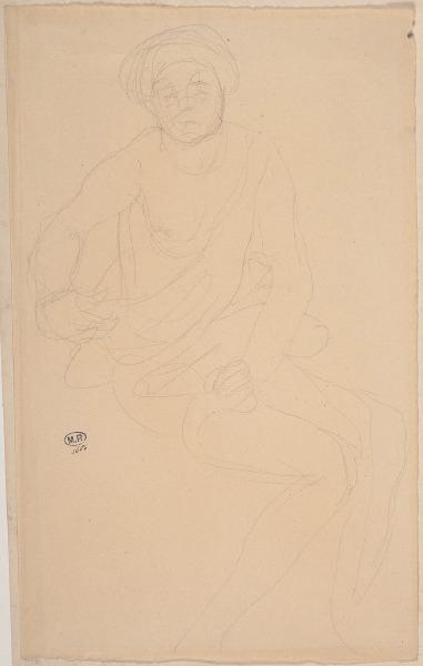 Femme assise vers la droite, le vêtement relevé jusqu'à la taille (recto) ; Silhouette d'une tête et d'un corps ? (verso)