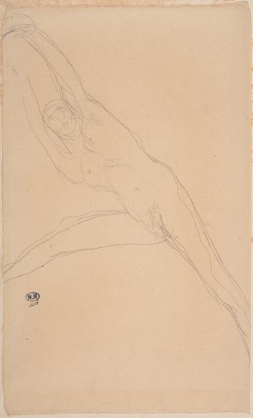 Femme nue sur le dos, aux bras tendus au-dessus de la tête, une jambe écartée