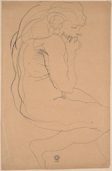 Femme nue assise de profil vers la droite, une main au menton
