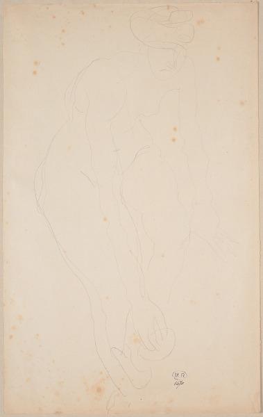 Femme nue assise vers la droite, une main à un pied