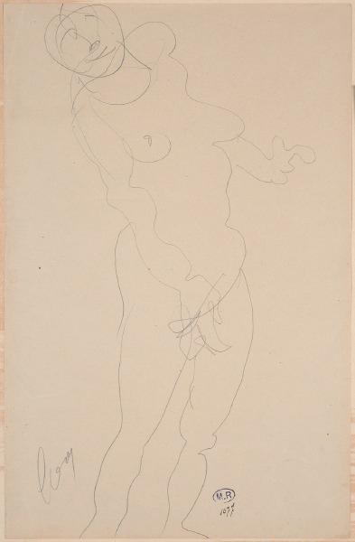 Femme nue tournée vers la droite, les bras légèrement écartés