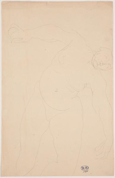 Femme nue, de face, appuyée sur un genou, penchée sur la droite