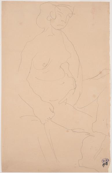 Femme nue assise vers la droite, une main entre les cuisses