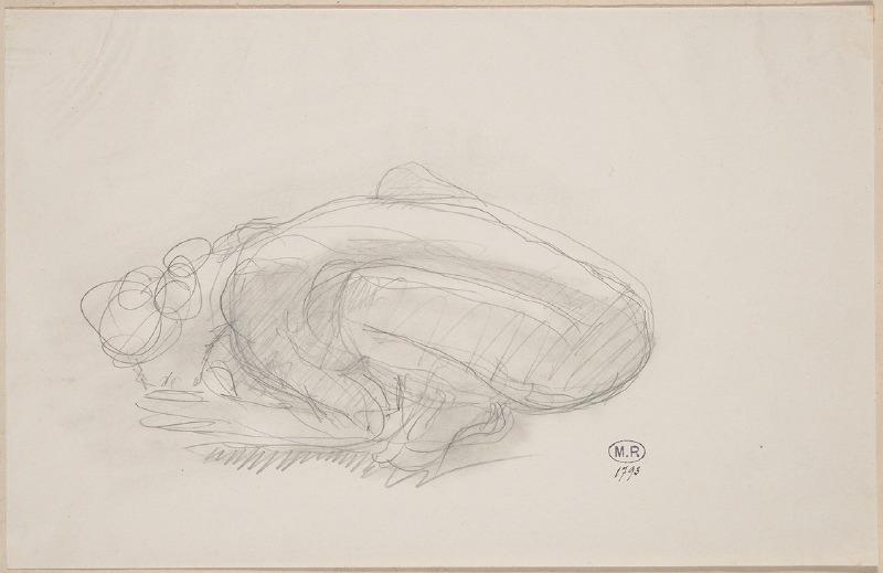 Femme nue de profil à gauche, pliée en deux, le visage au sol, dite le travail de la création
