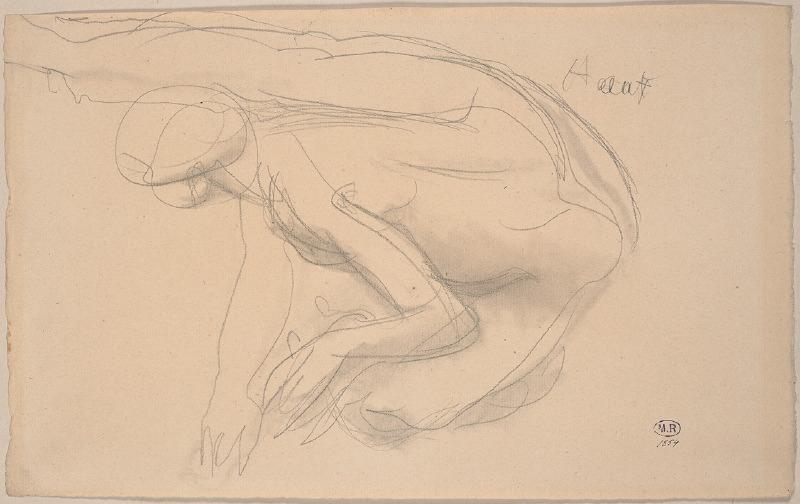 Femme nue assise au sol, repliée sur elle-même, une jambe tendue