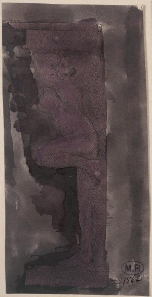 Caryatide de profil à gauche, une jambe repliée contre un pilier