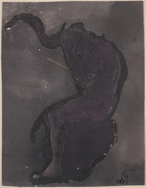 Personnage nu assis, de profil à gauche, la tête dans les mains