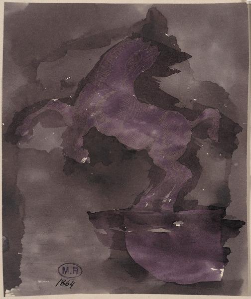 Cheval cabré, sur un socle, de profil à gauche