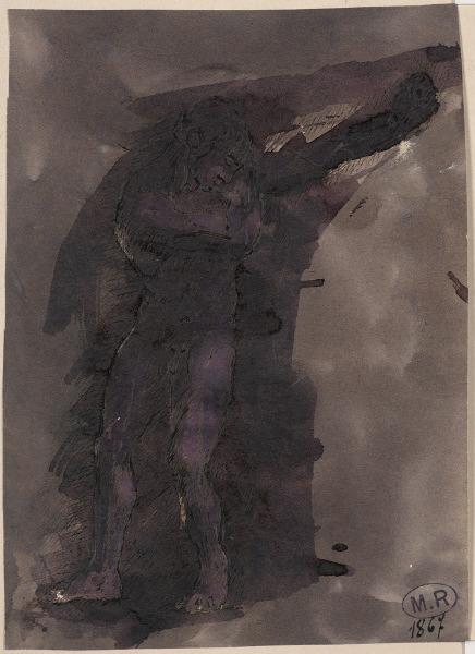 Homme nu debout, le bras tendu