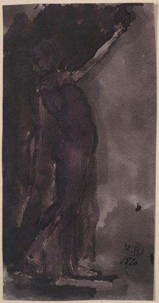 Femme nue debout, un bras levé