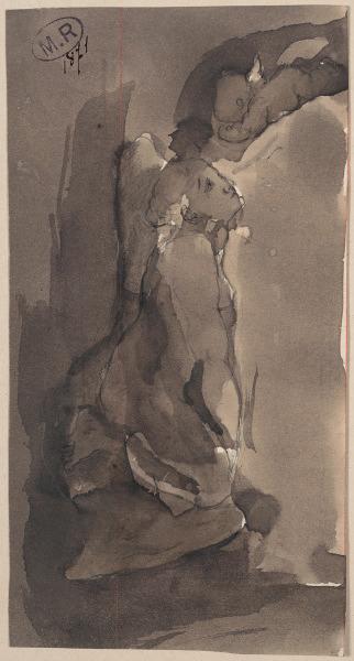 Femme nue à genoux, de profil, les yeux levés vers un amour (recto) ; Femme à genoux (verso)