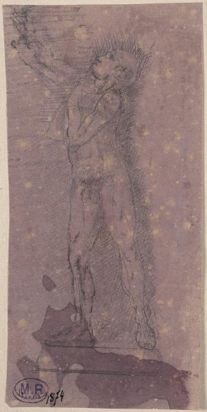 Homme nu debout, un bras tendu vers la gauche