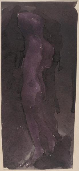 Personnage nu, de profil à gauche, un bras replié sur la tête