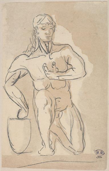 Homme nu de face, un genou en terre, une main sur un vase (recto) ; Même figure (verso)