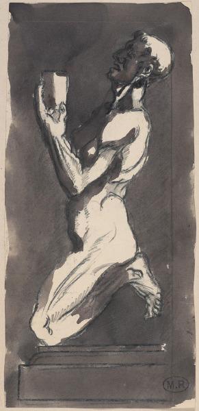 Homme nu agenouillé, de profil, un verre à la main