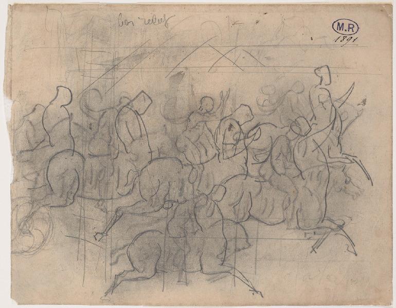 Groupe de cavaliers et de centaures (recto) ; Personnage ailé, personnage assis, jambe couverte d'écailles (verso)