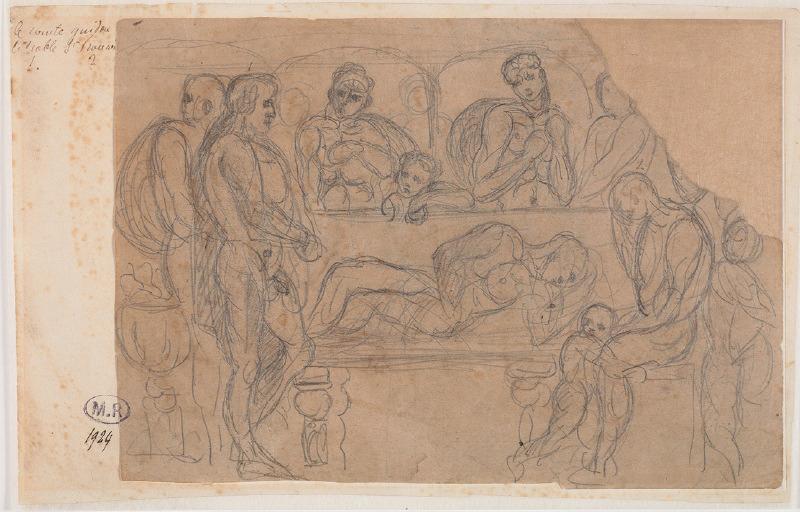 Le comte Guidon entre le diable et saint François (recto) ; Homme nu assis en tailleur près d'autres personnages (verso)