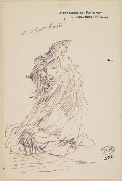 Le chat botté, portrait d'homme d'après la gravure de Rembrandt : Rembrandt appuyé (Bartsch 21)
