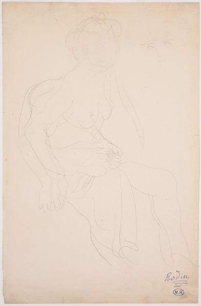 Femme assise vers la droite, les vêtements autour de la taille