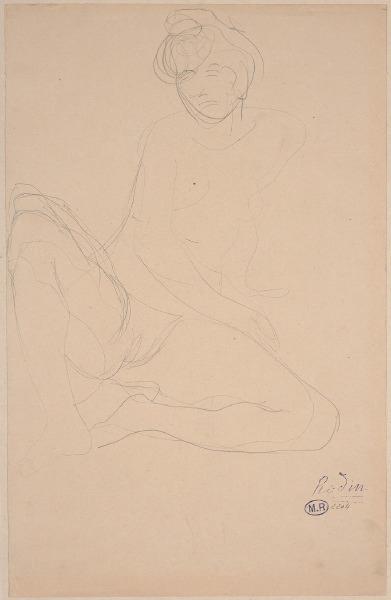 Femme nue assise de face en tailleur, penchée vers la droite