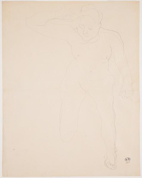 Femme nue de face, un genou en terre, la main droite vers le visage