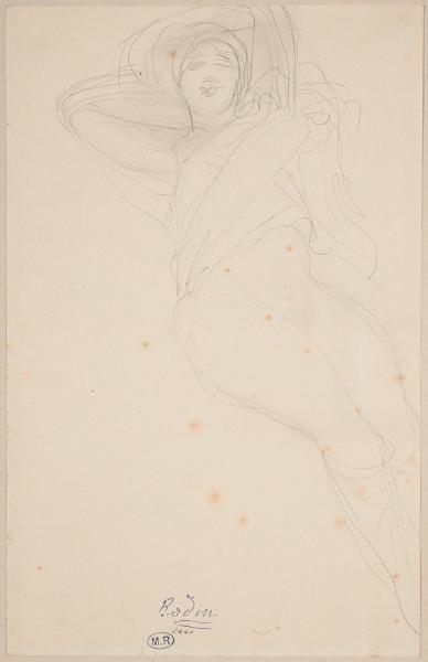 Femme allongée vers la droite, le vêtement relevé au-dessus de la taille