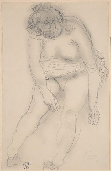 Femme nue assise, un vêtement replié à la taille