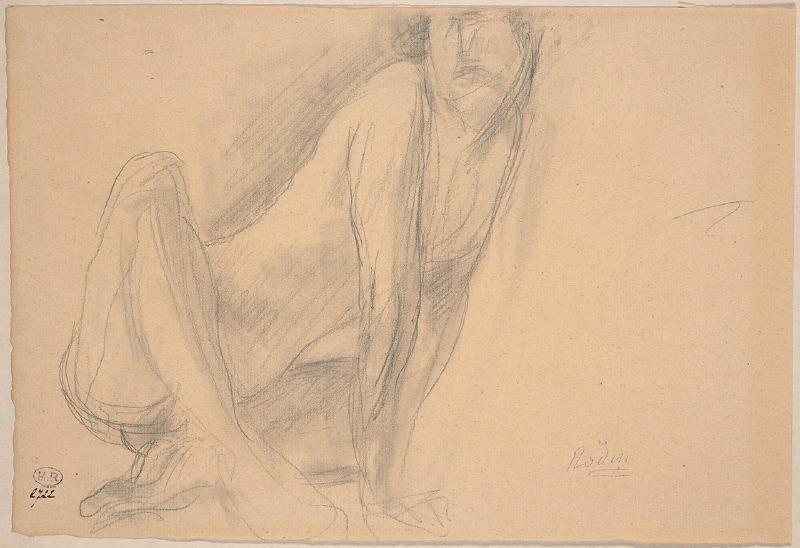 Femme nue assise en tailleur, appuyée des deux mains sur le sol, vers la droite