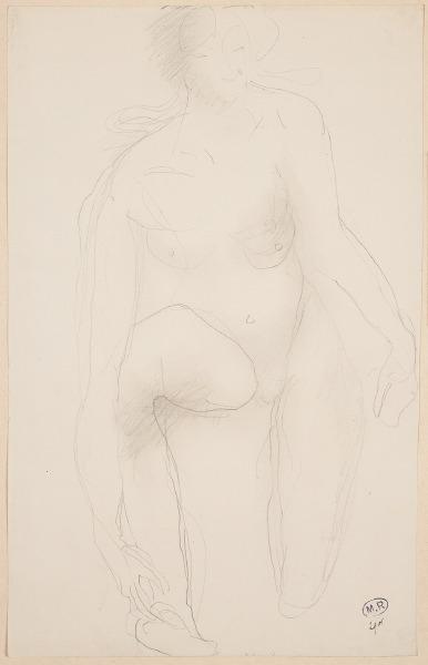 Femme nue de face, un genou en terre