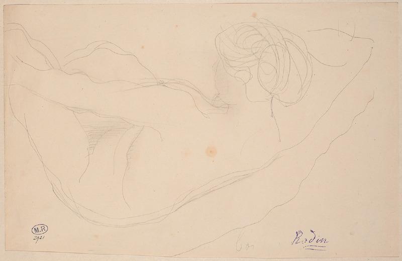 Femme nue assise, de profil vers la gauche, un bras au-dessus du visage