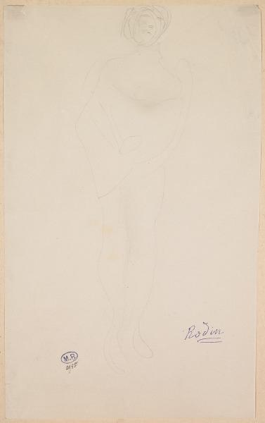 Femme nue, debout, de face, un vêtement sur les bras