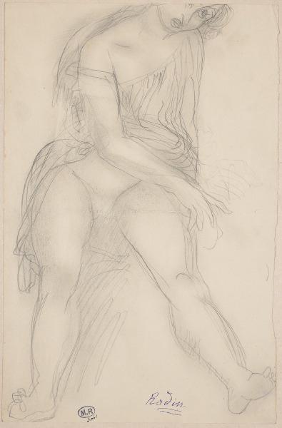 Femme assise de face, le vêtement retroussé jusqu'à la taille