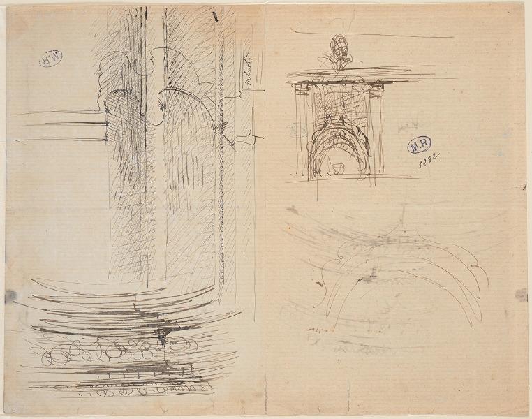 Moulures de pilastre, couronnement de porte en accolades et fleurons à Toulouse ? (recto) ; Voussure et façade de la cathédrale Notre-Dame de Rodez (verso)