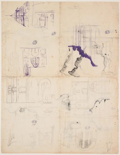 Façades, clochers, fenêtres et moulures à Saint-Andoche de Saulieu ? (Côte-d'Or) (recto) ; Profils de moulures (verso)