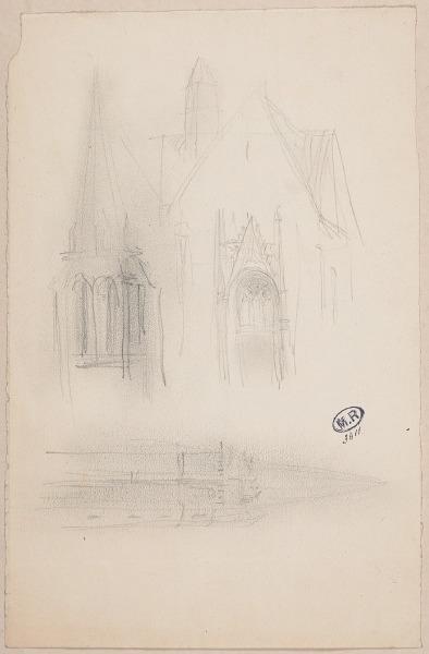 Eglise de Veretz et clocher de l'abbaye de Bois-Aubry (Indre-et-Loire) (recto) ; Clocher et toit d'église (verso)