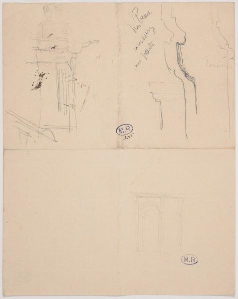 Arc-boutant, moulures et porte de l'église Saint-Pierre à Montfort-L'Amaury ? (Yvelines) ; Eglise (verso)