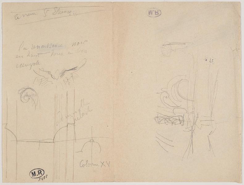 Moulures de pilastre au vieux Saint-Etienne de Caen ? (Calvados) (recto) ; Fenêtre (verso)