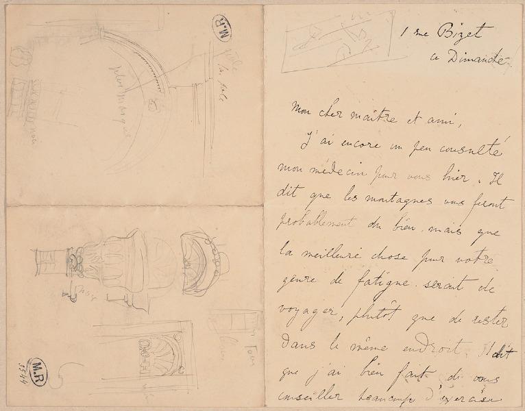 Divers motifs architecturaux : arc, chapiteau, coquilles (recto) ; Lettre de Marie Cassavetti adressée à Rodin (verso)