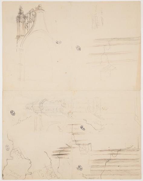 Moulures de pilastre, pinacles, contrefort de la chapelle du château d'Ussé (Indre-et-Loire) (recto) ; Moulures, pinacles, coquille (verso)