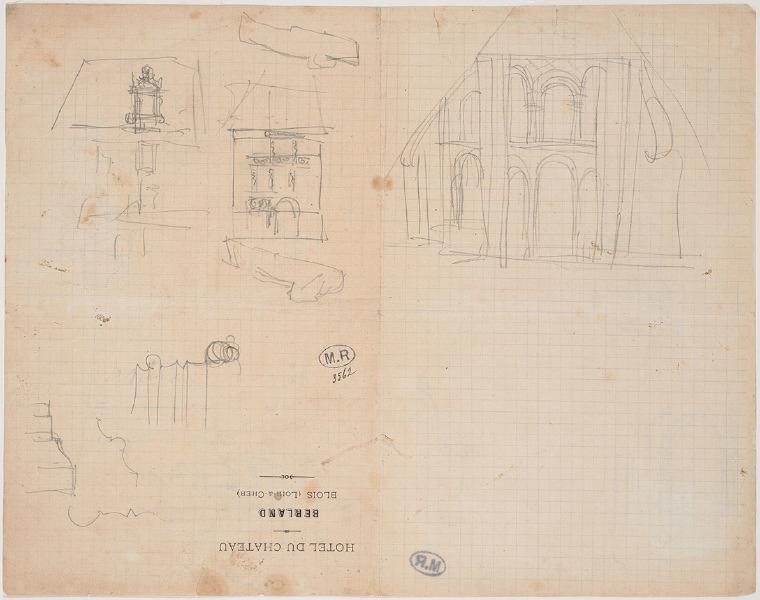 Façade de l'église de Saint-Benoît-sur-Loire ? (Loiret), maison, lucarne et moulures de l'Hôtel d'Alluye, 8, rue Saint-Honoré à Blois (Loir-et-Cher) (recto) ; Chapiteaux et moulures (verso)