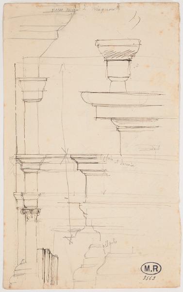 Chapiteaux, colonne, profils de pilastre (recto) ; Quelques traits de moulures (verso)