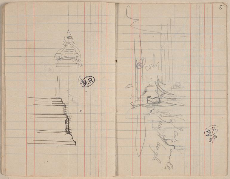 Gargouille dans un angle à Quimperlé ? (Finistère) (recto) ; Moulures et ornements de chapiteau (verso)