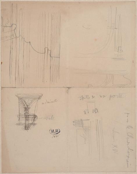 Console, profils de moulures pour la Porte de l'Enfer et pour le monument à Claude Lorrain (recto) ; Façade d'église, pilastre, moulures (verso)