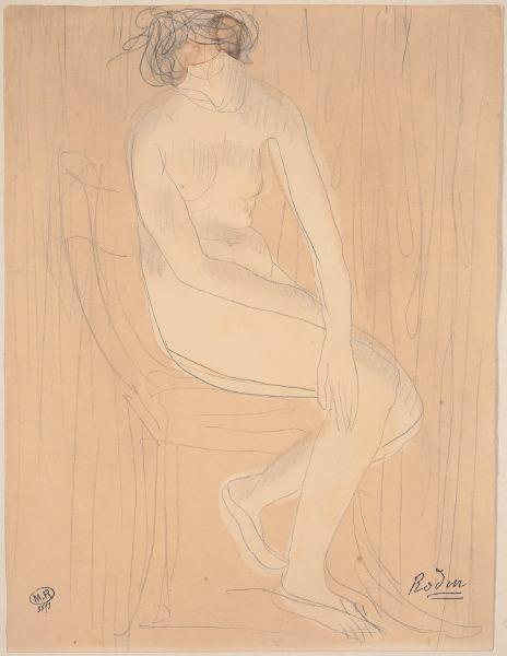 Femme nue assise, mains allongées près du genou