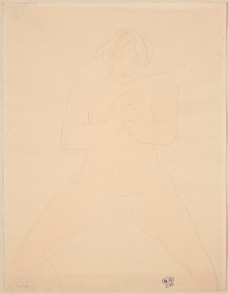 Femme nue assise aux mains jointes et aux jambes écartées